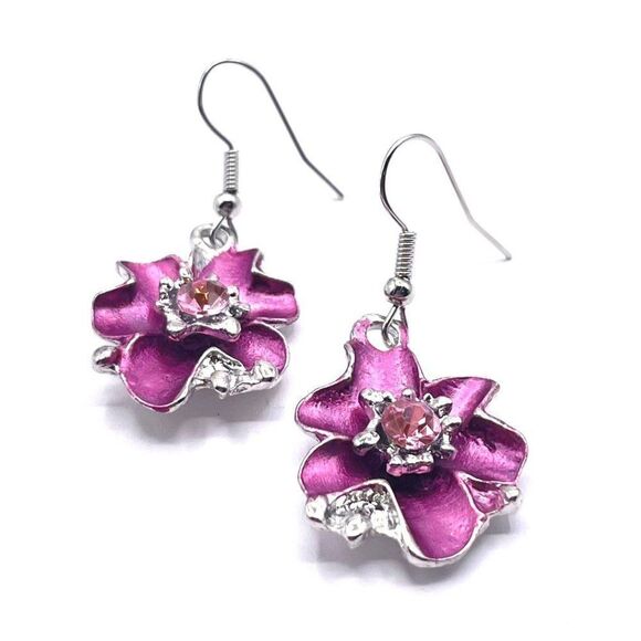 Silver with Pink Oil Drip and Crystal Dangling Flower Hook Earrings - Picture 2 of 6
